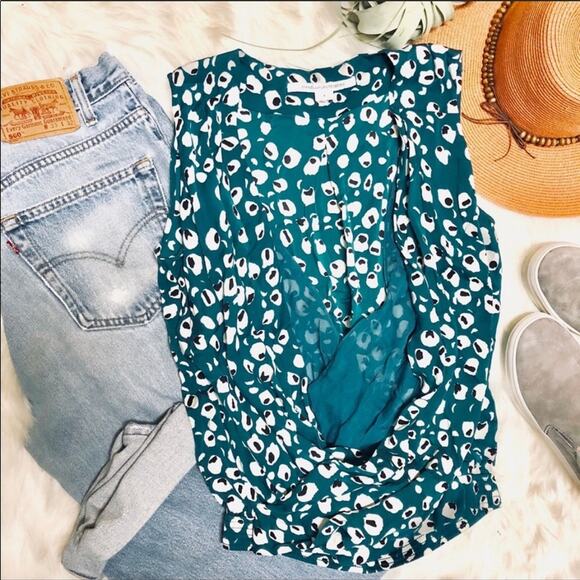 DvF Diane Turquoise Green Polka Dot Printed Silk Double Deep VNeck Layer Tank 4 - Picture 4 of 9